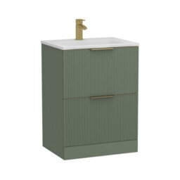 Royal Bathrooms Evora 600mm Sage Green Fluted Floor Standing Bathroom Vanity Unit 2 Drawer Cabinet With Stone Basin & Brushed Brass Handles - thumbnail 8