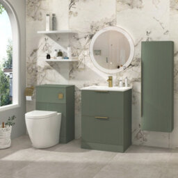 Royal Bathrooms Evora 600mm Sage Green Fluted Floor Standing Bathroom Vanity Unit 2 Drawer Cabinet With Stone Basin & Brushed Brass Handles - thumbnail 4