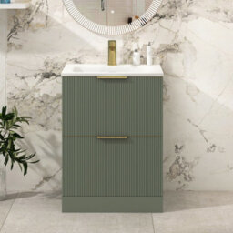 Royal Bathrooms Evora 600mm Sage Green Fluted Floor Standing Bathroom Vanity Unit 2 Drawer Cabinet With Stone Basin & Brushed Brass Handles