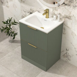 Royal Bathrooms Evora 600mm Sage Green Fluted Floor Standing Bathroom Vanity Unit 2 Drawer Cabinet With Stone Basin & Brushed Brass Handles - thumbnail 6