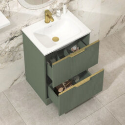 Royal Bathrooms Evora 600mm Sage Green Fluted Floor Standing Bathroom Vanity Unit 2 Drawer Cabinet With Stone Basin & Brushed Brass Handles - thumbnail 5