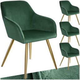 Tectake Set Of 4 Chair Marilyn With Velvet Cover, Gold Steel Legs And Plush Padding  - Dark Green/gold