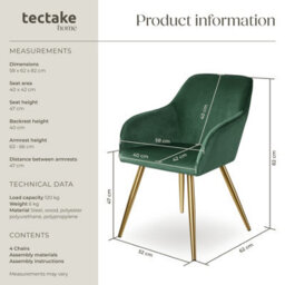 Tectake Set Of 4 Chair Marilyn With Velvet Cover, Gold Steel Legs And Plush Padding  - Dark Green/gold - thumbnail 6
