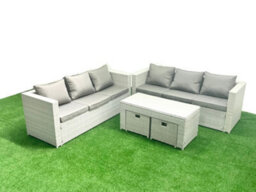 Fimous 8 Seater Garden Outdoor Rattan Furniture Set Rattan Garden Sofa Oblong Coffee Table 2 Small Stool Light Grey - thumbnail 2