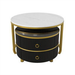 Abrihome 2-In-1 Mdf Round Coffee Table With Glossy Surface And 1 Side Table With White Marble Top, Set With 2 Drawers(White And Black) - thumbnail 3