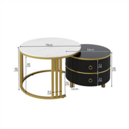 Abrihome 2-In-1 Mdf Round Coffee Table With Glossy Surface And 1 Side Table With White Marble Top, Set With 2 Drawers(White And Black) - thumbnail 2