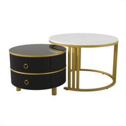 Abrihome 2-In-1 Mdf Round Coffee Table With Glossy Surface And 1 Side Table With White Marble Top, Set With 2 Drawers(White And Black) - thumbnail 8