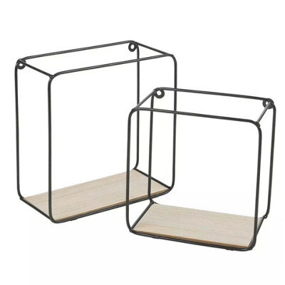 2Pcs Square Floating Shelves Metal And Wood Wall Mounted Display Storage Black One Small, One Medium - image 1