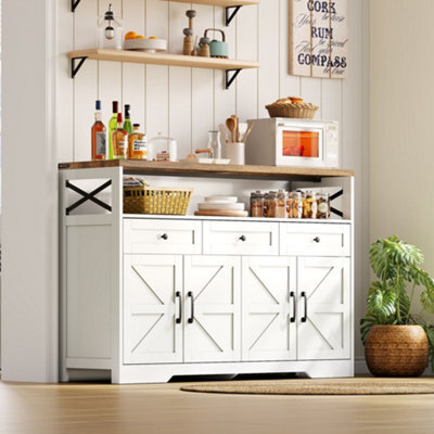 Abrihome Rustic White & Brown 140Cm Sideboard With 3 Drawers, Doors & Shelves, For Kitchen & Living Room - image 1