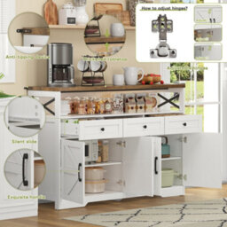 Abrihome Rustic White & Brown 140Cm Sideboard With 3 Drawers, Doors & Shelves, For Kitchen & Living Room - thumbnail 3