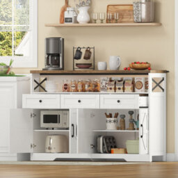 Abrihome Rustic White & Brown 140Cm Sideboard With 3 Drawers, Doors & Shelves, For Kitchen & Living Room - thumbnail 7