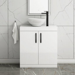 Royal Bathrooms Turin 800mm Floor Standing Vanity Unit 2 Door Gloss White & Countertop Basin - Breeze With Matt Black Handle - thumbnail 1
