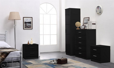 Reflect 1 Door Plain Wardrobe, 5 Drawer Chest, 2X 2 Drawer Bedsides - Black Gloss & Black Oak - Modern Bedroom Furniture Set - image 1