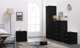 Reflect 1 Door Plain Wardrobe, 5 Drawer Chest, 2X 2 Drawer Bedsides - Black Gloss & Black Oak - Modern Bedroom Furniture Set - thumbnail 1