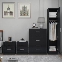 Reflect 1 Door Plain Wardrobe, 5 Drawer Chest, 2X 2 Drawer Bedsides - Black Gloss & Black Oak - Modern Bedroom Furniture Set - thumbnail 4