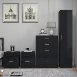 Reflect 1 Door Plain Wardrobe, 5 Drawer Chest, 2X 2 Drawer Bedsides - Black Gloss & Black Oak - Modern Bedroom Furniture Set - thumbnail 3