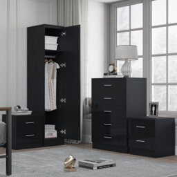 Reflect 1 Door Plain Wardrobe, 5 Drawer Chest, 2X 2 Drawer Bedsides - Black Gloss & Black Oak - Modern Bedroom Furniture Set - thumbnail 2