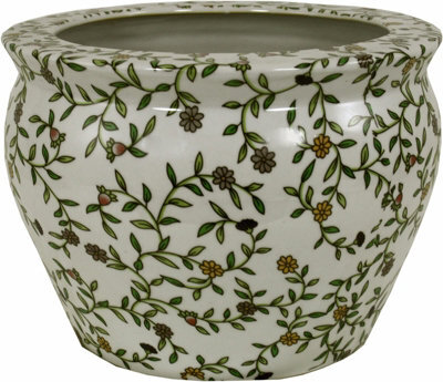 Geko Ceramic Planter, Vintage Green & White Floral Design
