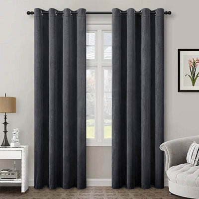 Aspire Homeware Charcoal Velvet Curtain Room Darkening Blackout Eyelet Curtain Pair (W) 168Cm X (D)228Cm With Tie Back Pair - image 1