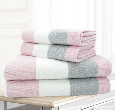 Velosso 4Pc Striped Cotton Hand And Bath Towel Set Durable Everyday Towel Set Pink