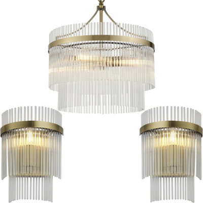 Loops 3 Light Ceiling Pendant & 2X Matching Wall Light - Clear Glass Rods Antique Brass Ring - image 1