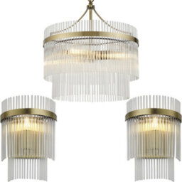 Loops 3 Light Ceiling Pendant & 2X Matching Wall Light - Clear Glass Rods Antique Brass Ring