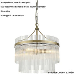 Loops 3 Light Ceiling Pendant & 2X Matching Wall Light - Clear Glass Rods Antique Brass Ring - thumbnail 3