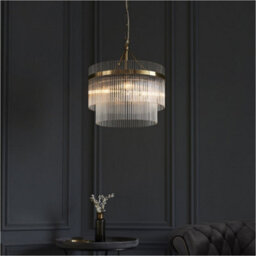 Loops 3 Light Ceiling Pendant & 2X Matching Wall Light - Clear Glass Rods Antique Brass Ring - thumbnail 5