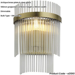 Loops 3 Light Ceiling Pendant & 2X Matching Wall Light - Clear Glass Rods Antique Brass Ring - thumbnail 7