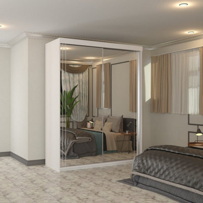 Sliding Wardrobes 4 u LTD Modern Full Mirror Sliding Wardrobe With Led Light & Contemporary Design White 150Cm - image 1