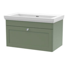 Nuie Classique Wall Hung 1 Drawer Vanity Unit Without Tap Hole Fireclay Basin, Stylish Sink Vanity Unit In Satin Green With White - thumbnail 4