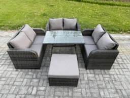 Fimous Rattan Garden Furniture Set 7 Seater Patio Outdoor Love Sofa Set With Rectangular Dining Table Footstool Dark Grey Mixed - thumbnail 1