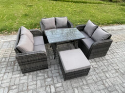 Fimous Rattan Garden Furniture Set 7 Seater Patio Outdoor Love Sofa Set With Rectangular Dining Table Footstool Dark Grey Mixed - thumbnail 2