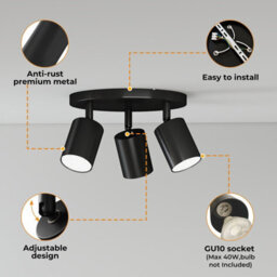 Emitto 3-Way Spotlight Ceiling Light Adjustable Gu10 Modern Black Round Base - thumbnail 7