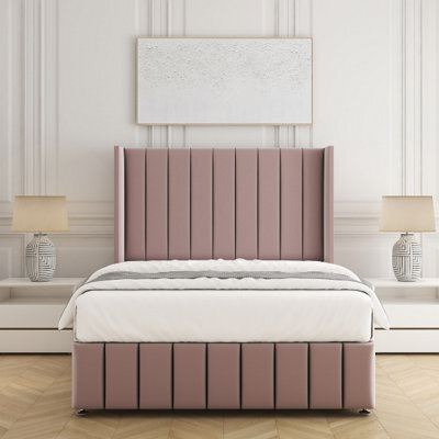 Bsspoke Zoe Divan Bed Set Pink Plush With 54Inch Wingedback Headboard & Footboard  Mattress & No Drawers In All Sizes - image 1