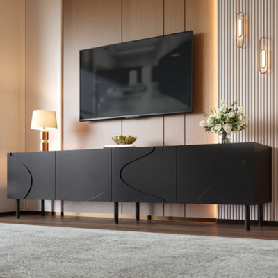 Btm Modern Tv Cabinet With 3D Curved Lines, 4 Push-To-Open Doors, Pb & Mdf Frame, Metal Cylinder Legs, Lowboard For Living Room - image 1