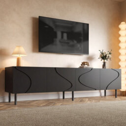 Btm Modern Tv Cabinet With 3D Curved Lines, 4 Push-To-Open Doors, Pb & Mdf Frame, Metal Cylinder Legs, Lowboard For Living Room - thumbnail 2