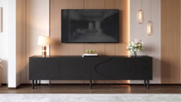 Btm Modern Tv Cabinet With 3D Curved Lines, 4 Push-To-Open Doors, Pb & Mdf Frame, Metal Cylinder Legs, Lowboard For Living Room - thumbnail 8