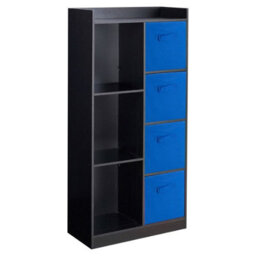 Urbn-Living Urbnliving Height 128Cm Wooden Black 7 Cube Bookcase With Dark Blue Drawers Tall Shelving Display Storage Unit Cabinet