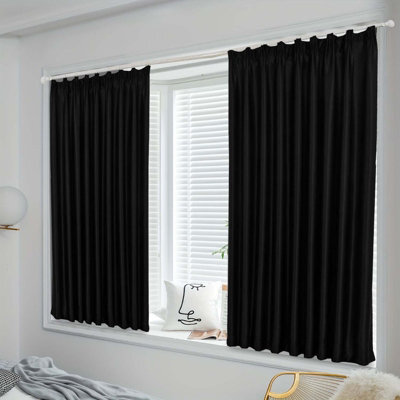 Oxford Homeware Black 230 Gsm Blackout Curtain Thermal Insulated Pencil Pleat For Window Curtain Pair (W)168Cm X (L)137Cm - image 1