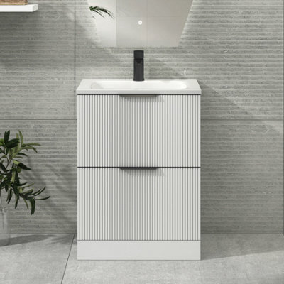 Royal Bathrooms Evora 600mm Matt White Fluted Floor Standing Bathroom Vanity Unit 2 Drawer Cabinet Storage With Stone Basin & Matt Black Handles - image 1
