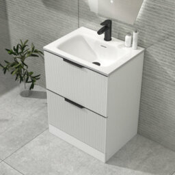 Royal Bathrooms Evora 600mm Matt White Fluted Floor Standing Bathroom Vanity Unit 2 Drawer Cabinet Storage With Stone Basin & Matt Black Handles - thumbnail 4