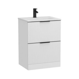 Royal Bathrooms Evora 600mm Matt White Fluted Floor Standing Bathroom Vanity Unit 2 Drawer Cabinet Storage With Stone Basin & Matt Black Handles - thumbnail 6