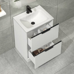 Royal Bathrooms Evora 600mm Matt White Fluted Floor Standing Bathroom Vanity Unit 2 Drawer Cabinet Storage With Stone Basin & Matt Black Handles - thumbnail 3