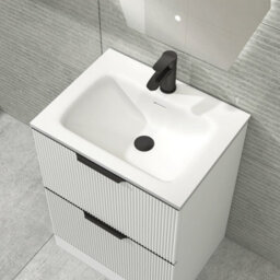 Royal Bathrooms Evora 600mm Matt White Fluted Floor Standing Bathroom Vanity Unit 2 Drawer Cabinet Storage With Stone Basin & Matt Black Handles - thumbnail 5