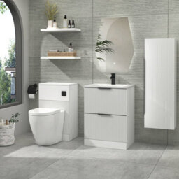 Royal Bathrooms Evora 600mm Matt White Fluted Floor Standing Bathroom Vanity Unit 2 Drawer Cabinet Storage With Stone Basin & Matt Black Handles - thumbnail 2