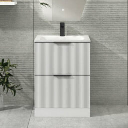 Royal Bathrooms Evora 600mm Matt White Fluted Floor Standing Bathroom Vanity Unit 2 Drawer Cabinet Storage With Stone Basin & Matt Black Handles