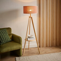Valuelights Morrigan Shelf Tripod Floor Lamp With Orange Checkerboard Bamboo Shade And Bulb - thumbnail 2
