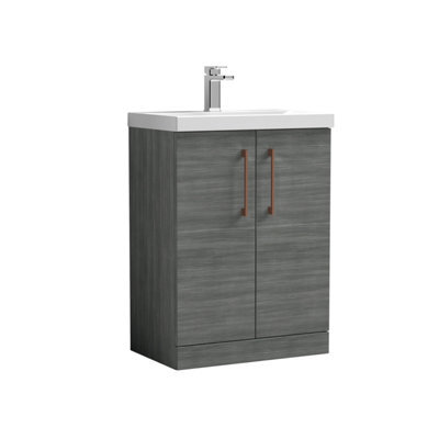 Balterley Bramshall Contemporary Bathroom Floor Standing 2-Door Vanity Unit & Mid-Edge Basin, Anthracite Woodgrain, 600mm - image 1