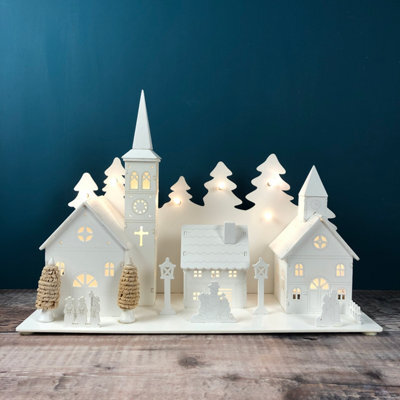 Selections Christmas Village Alpine Scene Decoration White Wooden Ornament With Leds - image 1